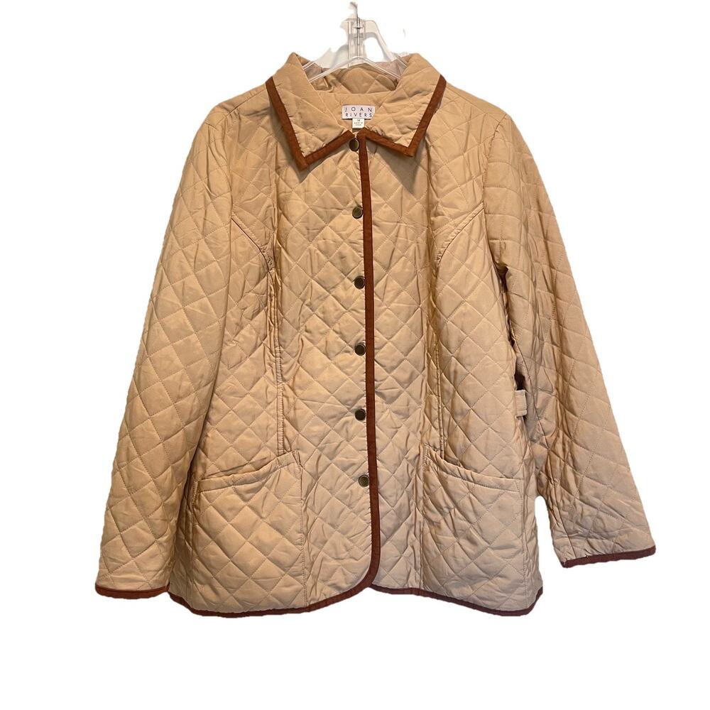 Joan Rivers Quilted Barn Jacket Khaki Brown Corduroy Detail Faux Suede Trim XL